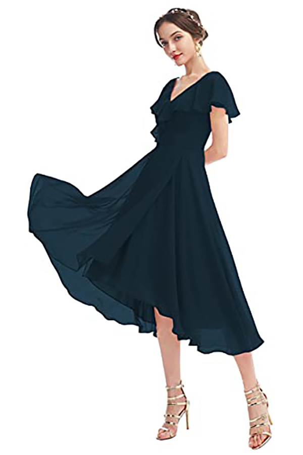 V-Neck Short Sleeve Ruffles Bridesmaid Dress