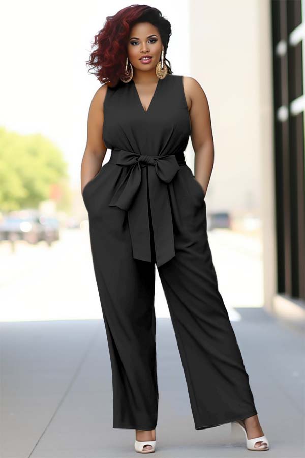 Pool Blue V-Neck Sleeveless Jump Suit With Bow Belt