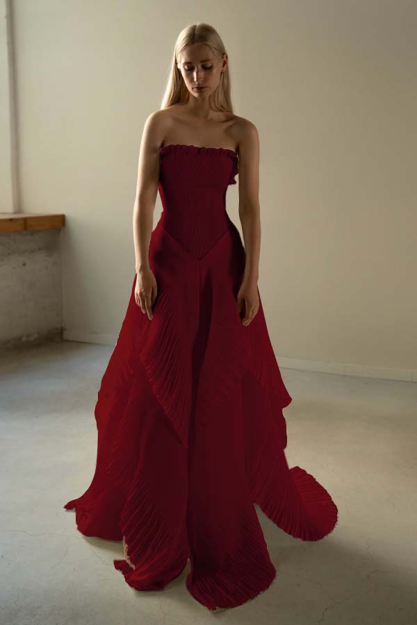 Chic Strapless Sleeveless Long Formal Dress With Ruffles Pleated