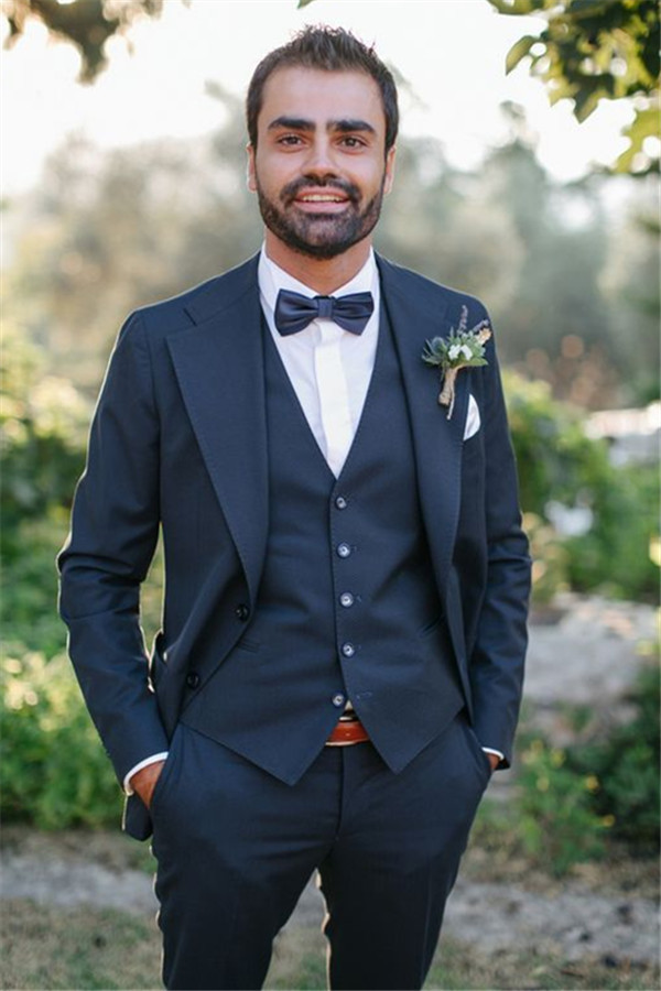 Fashion Dark Navy Three-Piece Lapel Men's Suits Dinner Formal Business Prom Tuxedos