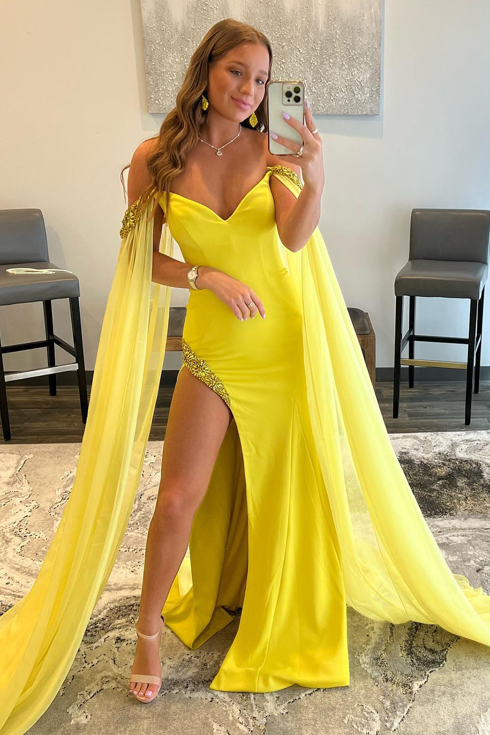 Yellow Long Prom Dress with Slit in A-Line Off-the-Shoulder Style