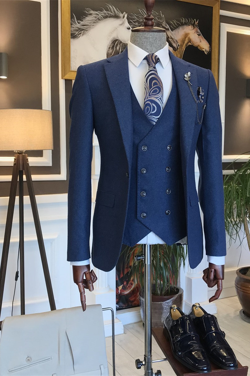 Cary Modern Blue Notch Lapel Three-Piece Men's Suits for Business