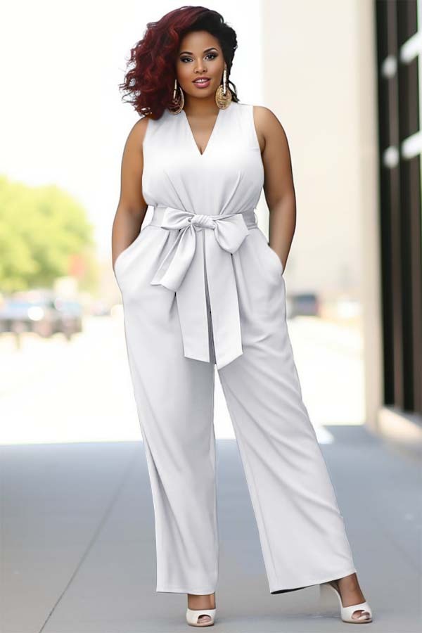 Pool Blue V-Neck Sleeveless Jump Suit With Bow Belt