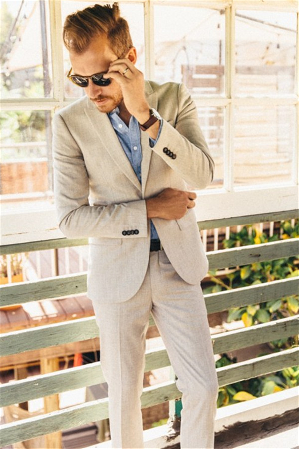 Latest Ivory Linen Slim Peaked Lapel Two-Piece Men's Suits for Wedding
