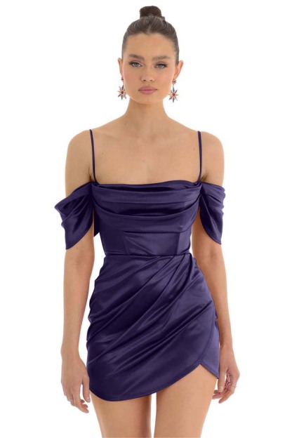 Pretty Fuchsia Spaghetti-Straps Pleats Off-The-Shoulder Short Mini Homecoming Dress