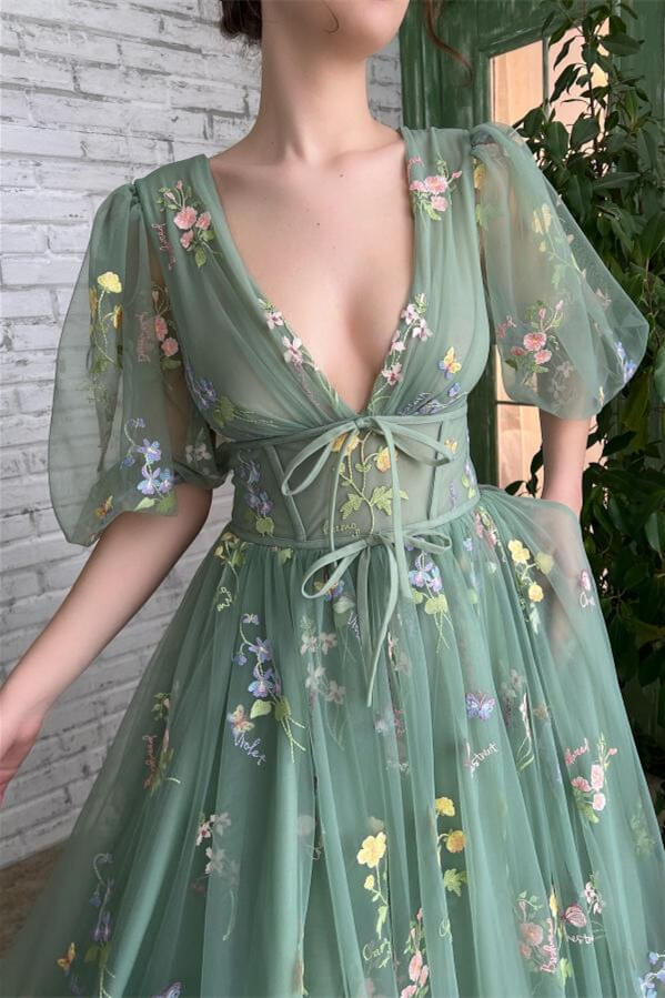 Deep V-Neck Tulle Aqua Beautiful Half Sleeves Evening Dress With Embroidery Flowers