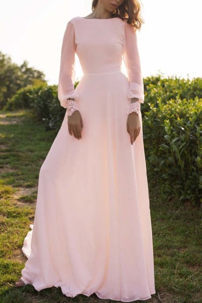 Tulle Bateau Long Sleeves Boho Wedding Dress A-Line Open Back