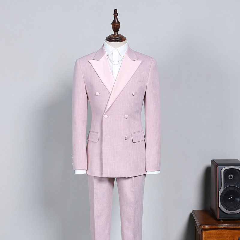 Newest Best-Fitted Pink Peaked Lapel Reception Suit for Guys with Double-Breasted