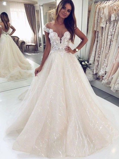 Gorgeous A-Line Tulle Open Back Long Wedding Dress with Off-the-Shoulder