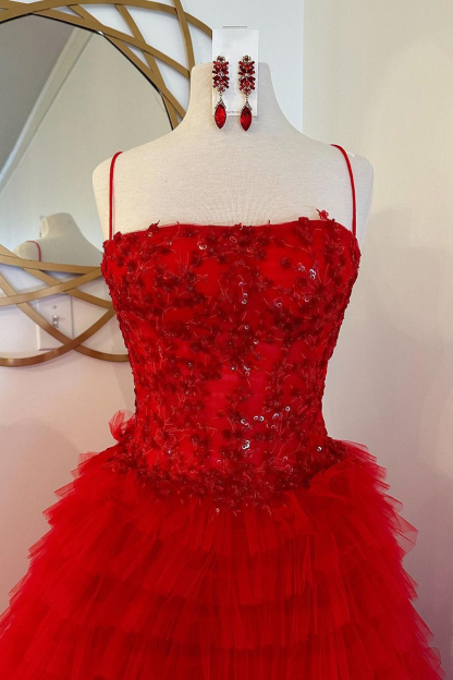 Red Long Prom Dress with Ruffles Appliques and Princess A-Line Spaghetti Straps