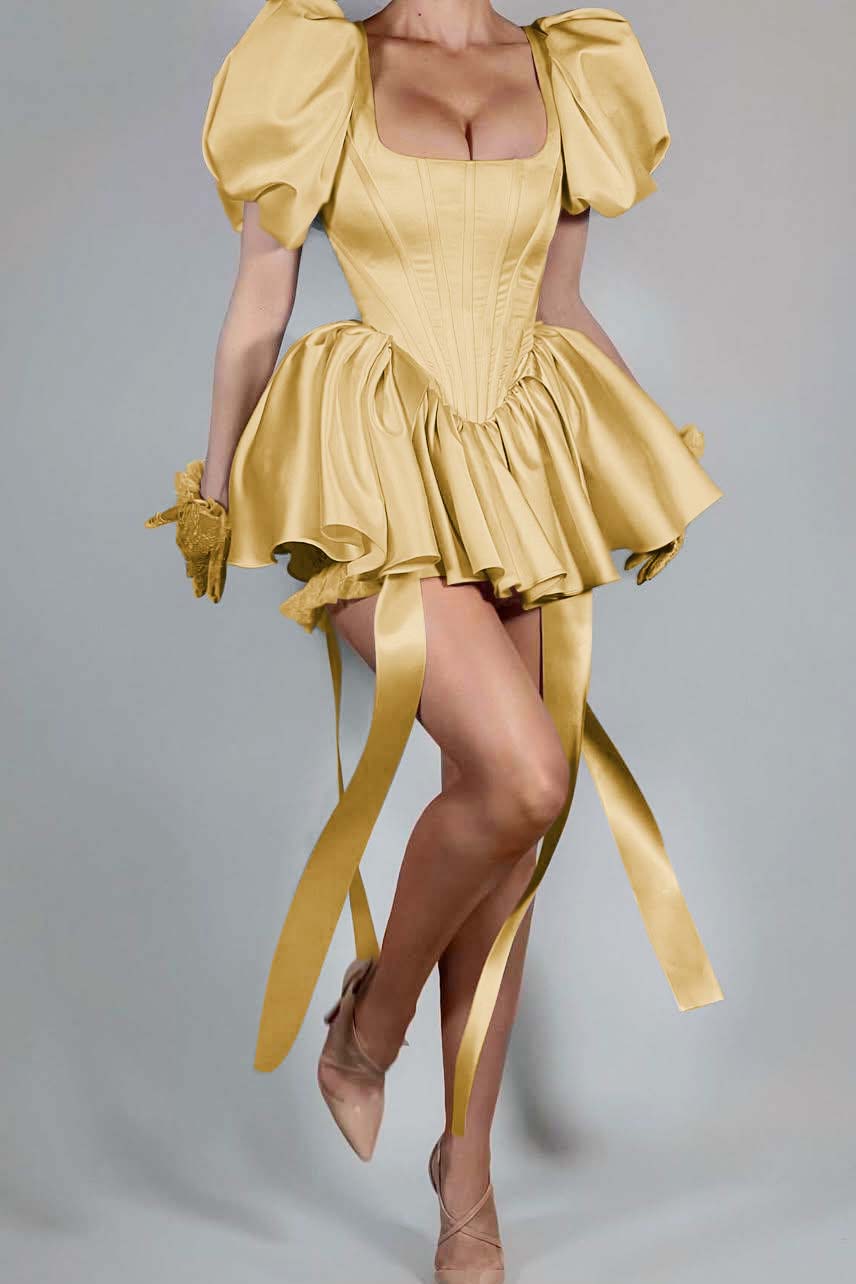 Bubble Sleeves Square Neck Short Formal Dress With Ruffles Pleated