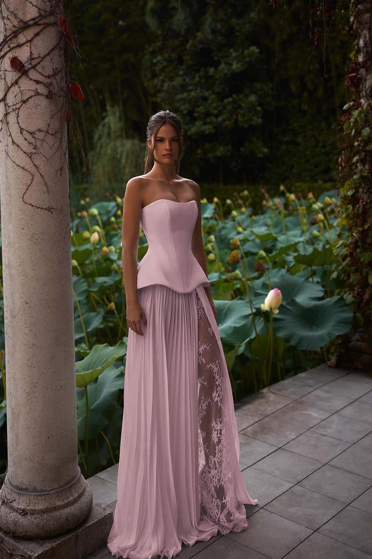Strapless Sleeveless Long Formal Dress With Pleated Split Appliques