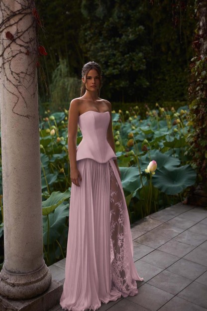 Strapless Sleeveless Long Formal Dress With Pleated Split Appliques