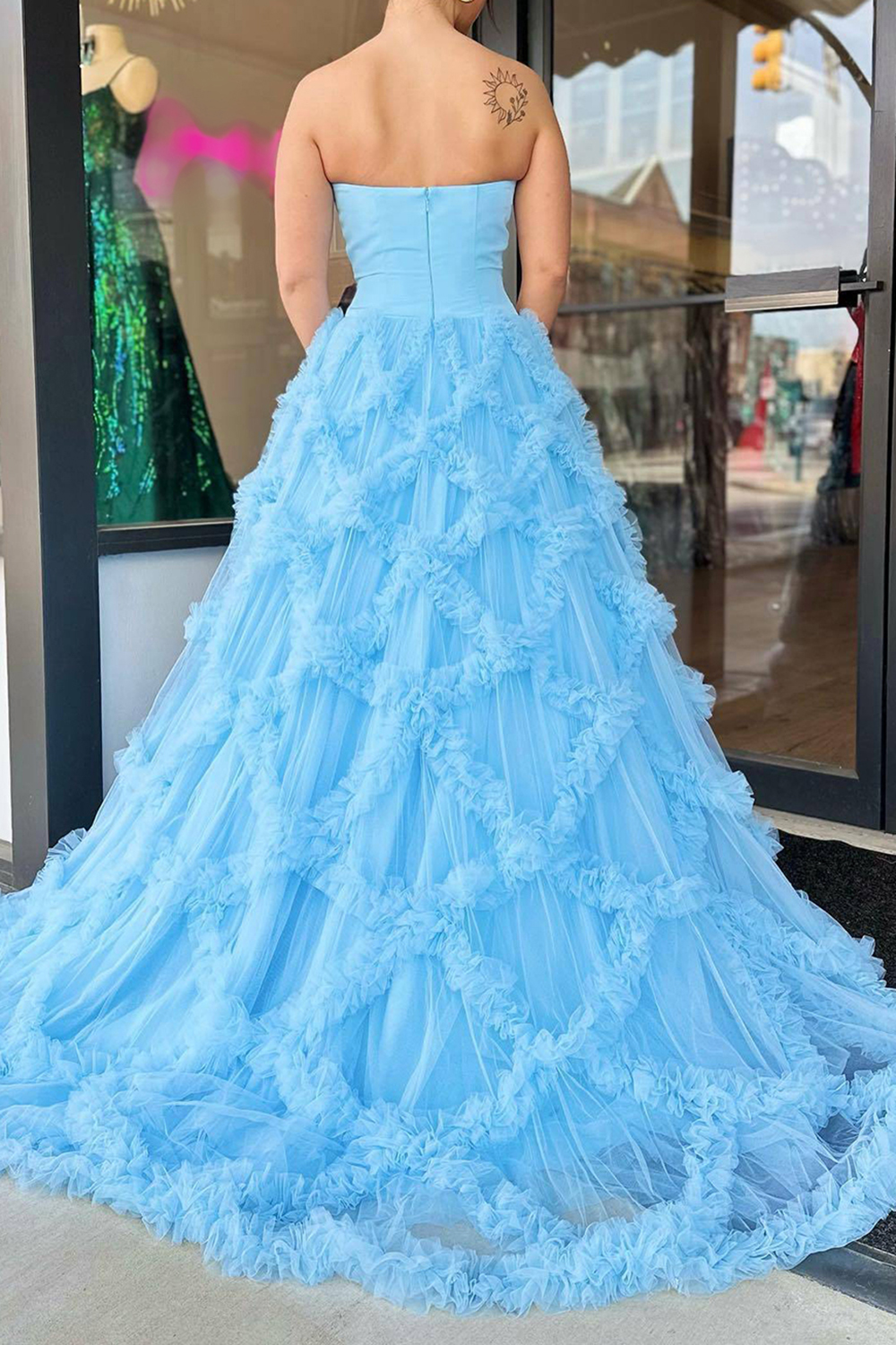 Blue Strapless Long Prom Dress with Elegant A Line and Ruffles