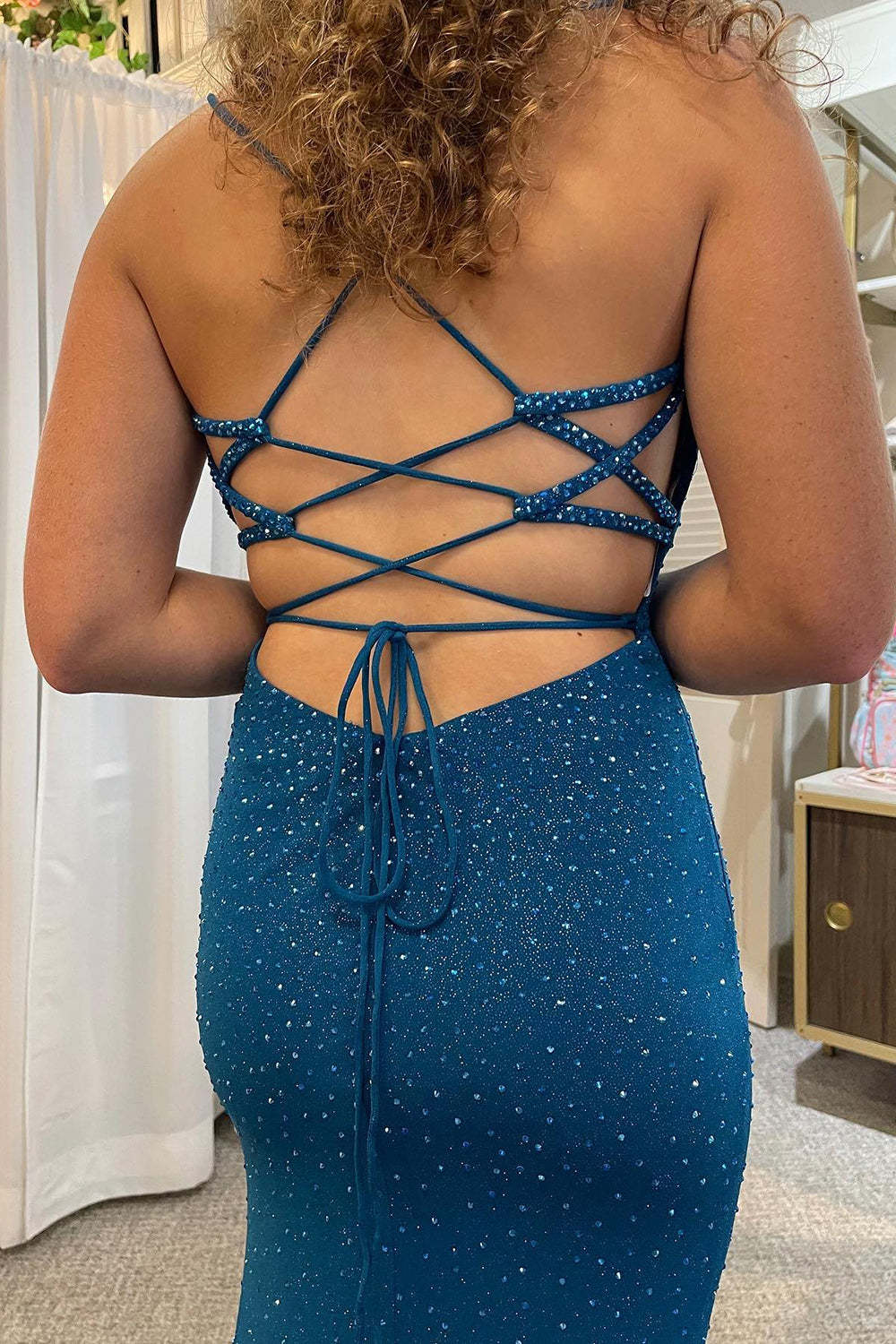 Blue Long Prom Dress with Mermaid Spaghetti Straps and Beading