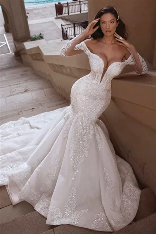 Off-the-Shoulder Long Sleeves Beads Mermaid Wedding Dress with Lace Appliques