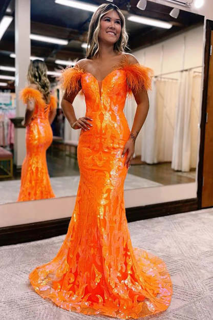 Fuchsia Long Prom Dress with Feathers in a Mermaid Off-the-Shoulder Style
