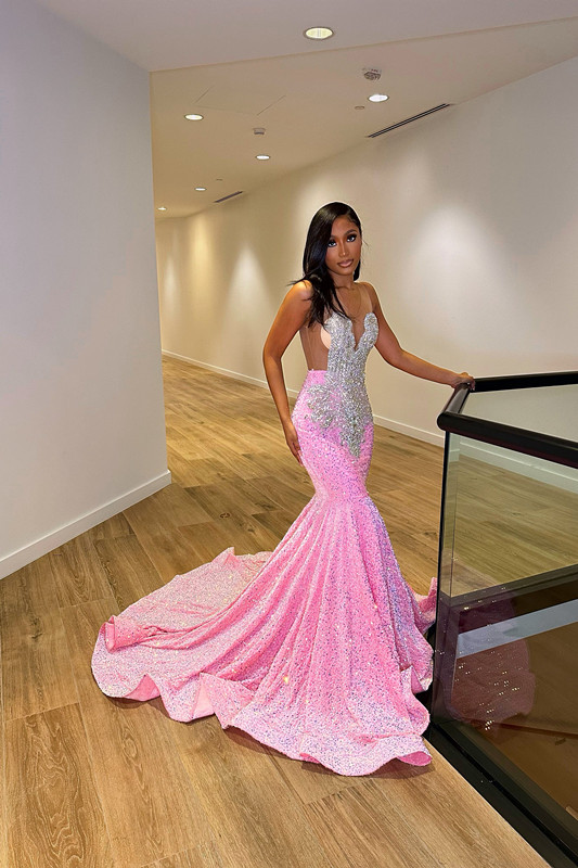 Sexy Transparent Straps Pink Mermaid Sequins Beads Evening Dress With Flared Hemline