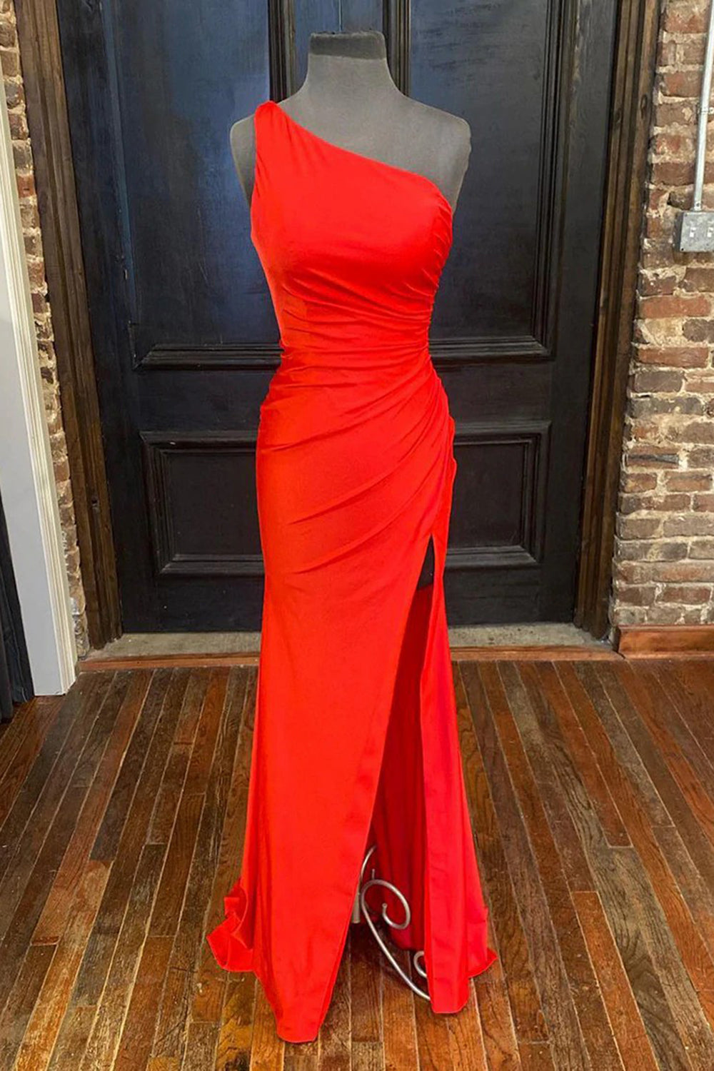 Hot Pink Prom Dress Featuring a One Shoulder Design and Slit