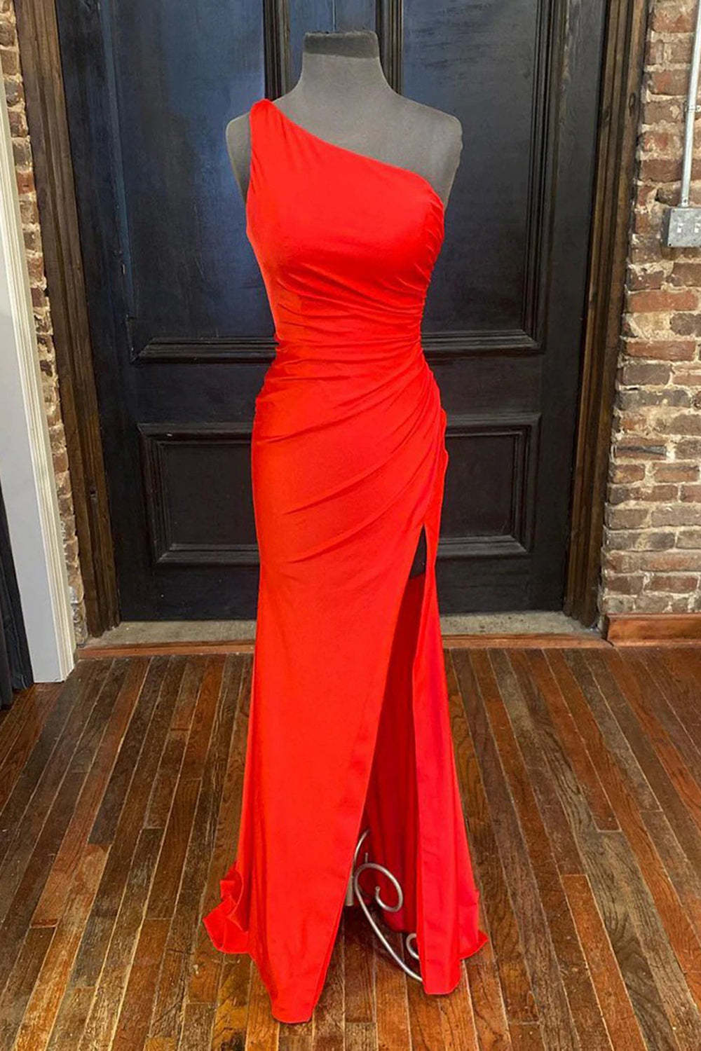 Hot Pink Prom Dress Featuring a One Shoulder Design and Slit