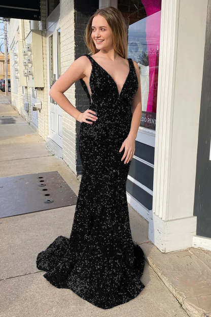 Pink Sequined Long Prom Dress with Mermaid Deep V Neckline