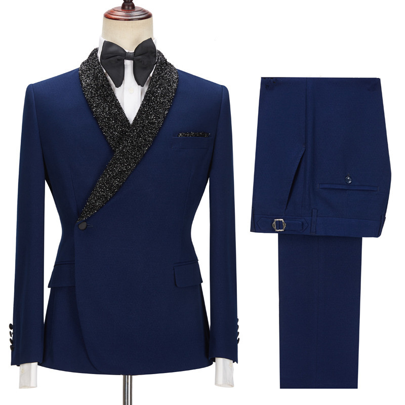 Shining Dark Navy Black Lapel Business Formal Suit for Prom