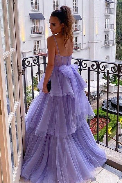 Purple Spaghetti Strap Tulle Ball Gown Bridesmaid Dress