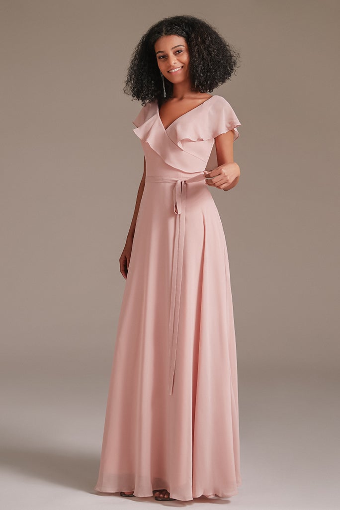 Chiffon Pink Ruffles V-Neck Bridesmaid Dress