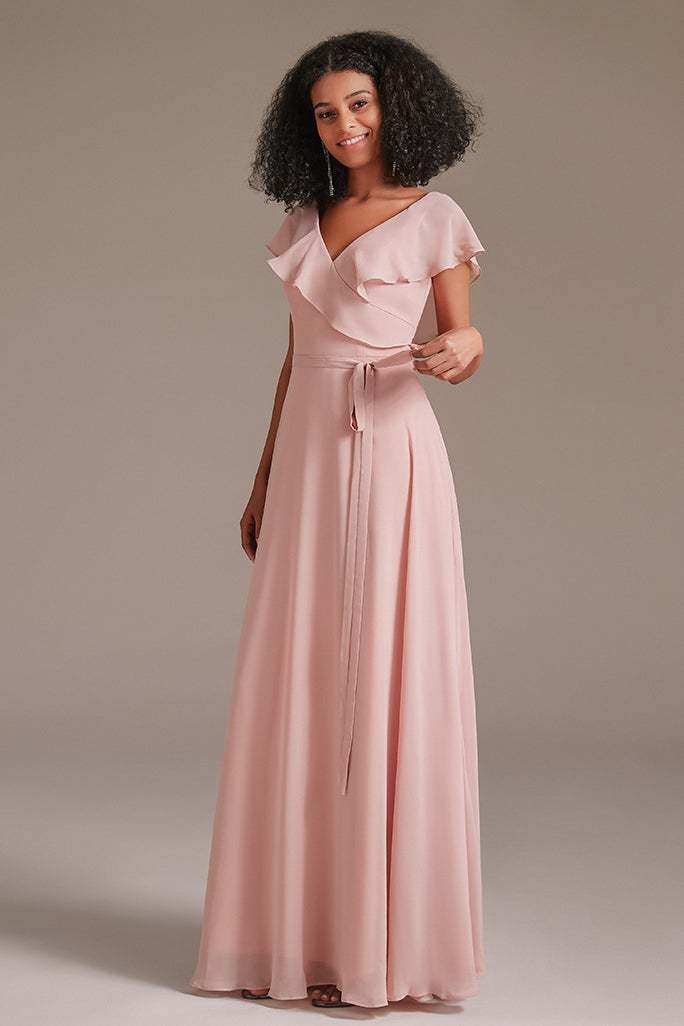 Chiffon Pink Ruffles V-Neck Bridesmaid Dress