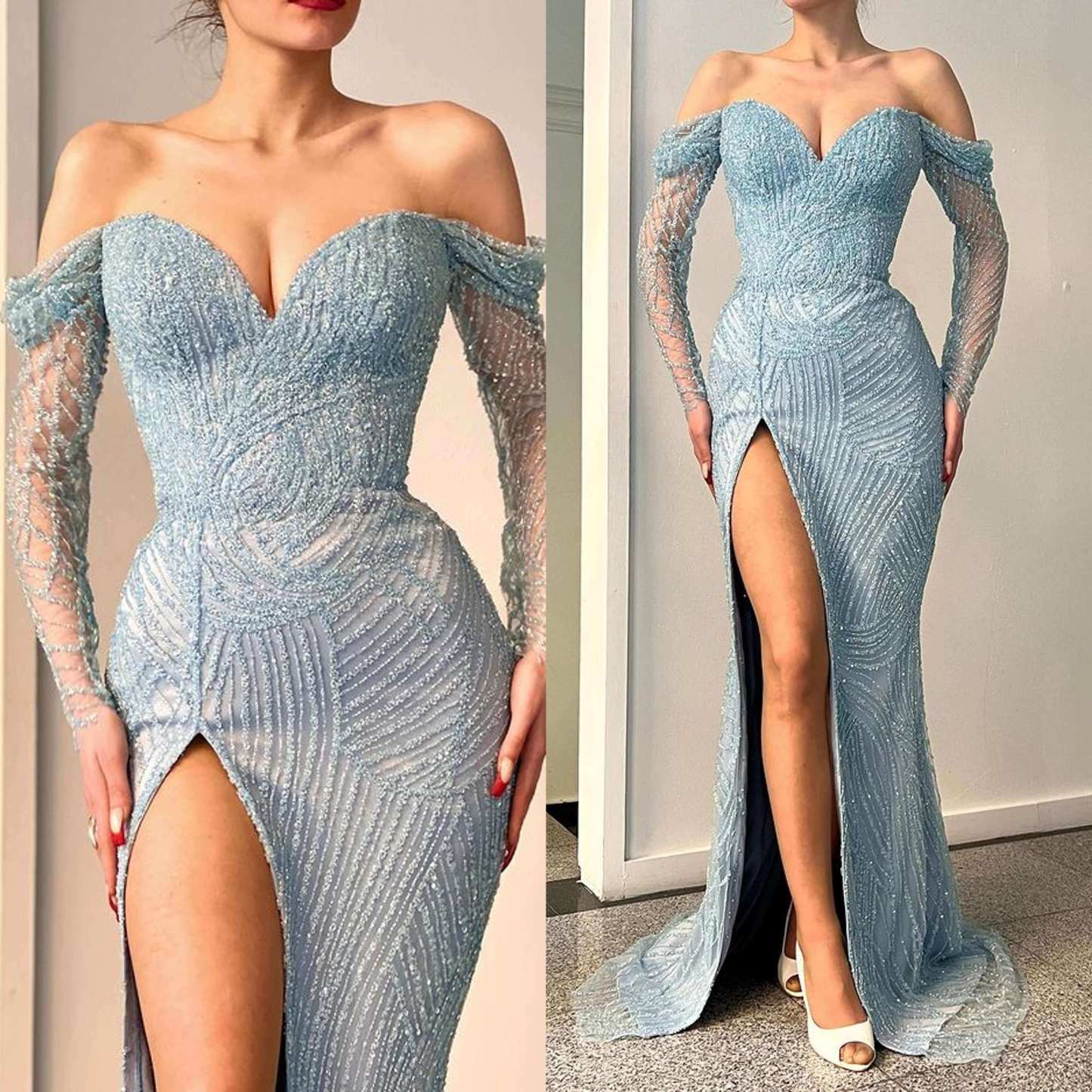 Beautiful Off-The-Shoulder Sweetheart Long Sleeves Mermaid Evening Dress With Beadings