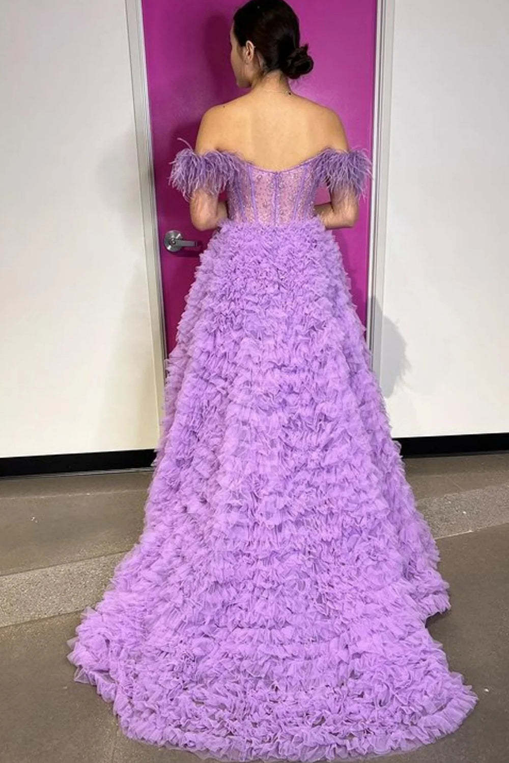 Purple Long Prom Dress with Feathers �?Off-the-Shoulder A-Line Princess Style