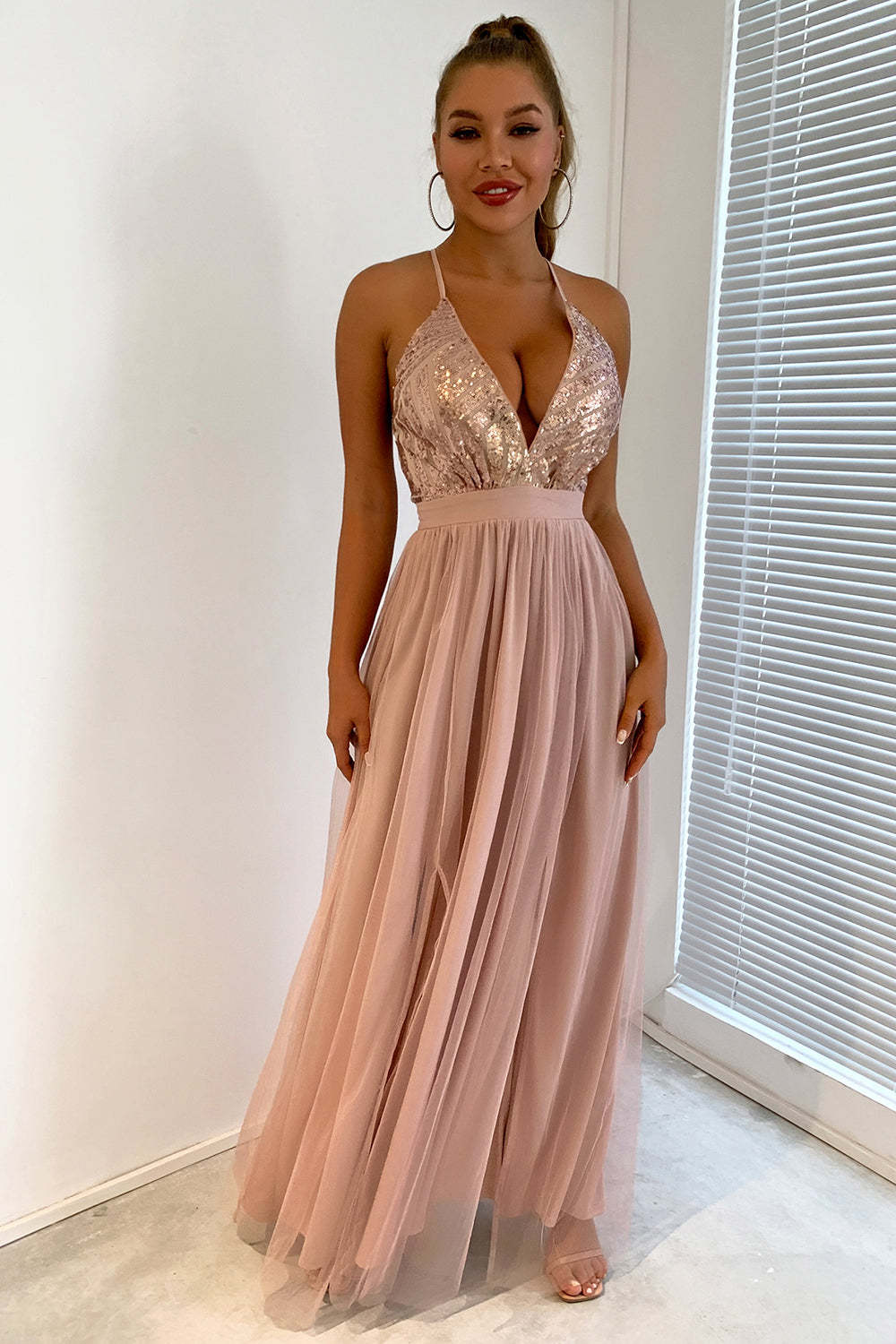 Sequin Party Dress with Green V-neck