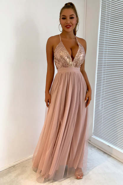 Sequin Party Dress with Green V-neck