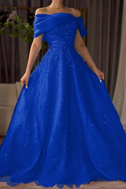Off the Shoulder Sleeveless Long Formal Dress With Beading Tulle