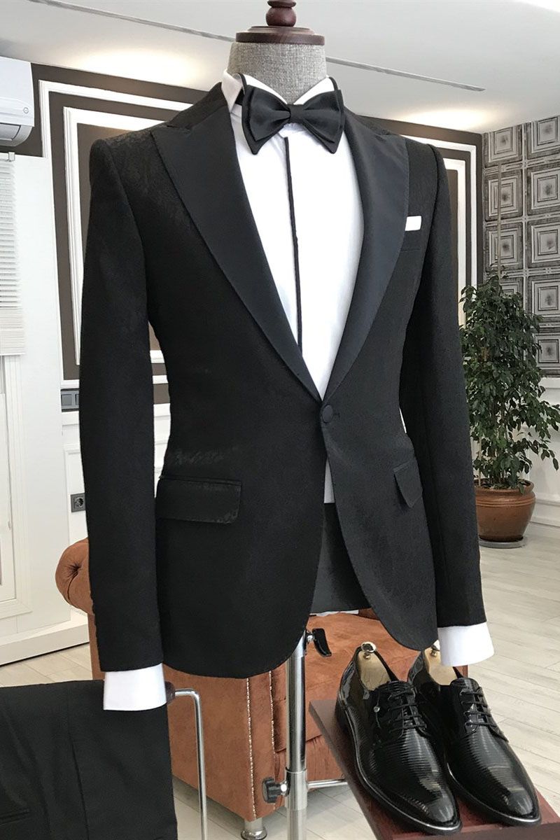 New Arrival Slim Fit Leopold Traditional Black Peaked Lapel Men's Suits
