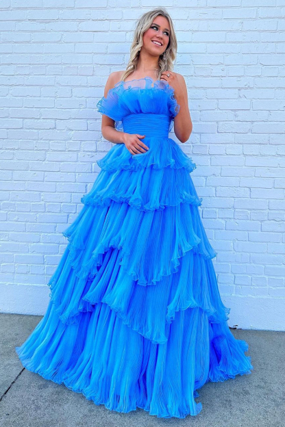 Elegant Blue Strapless A-Line Prom Gown with Ruffled Details