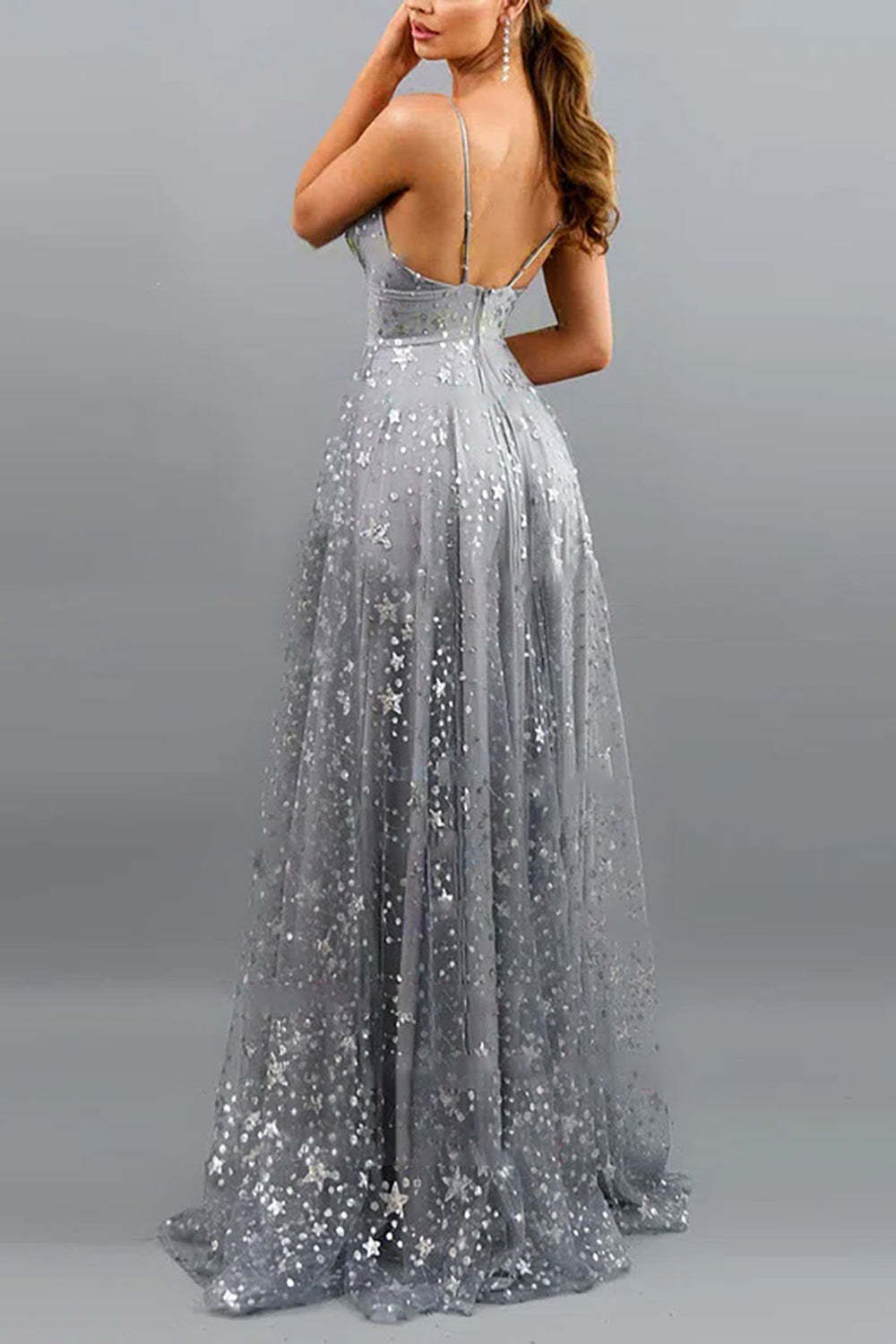 A-line Prom Dress in Grey Tulle Featuring a Slit