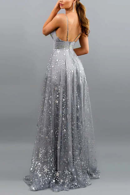 A-line Prom Dress in Grey Tulle Featuring a Slit