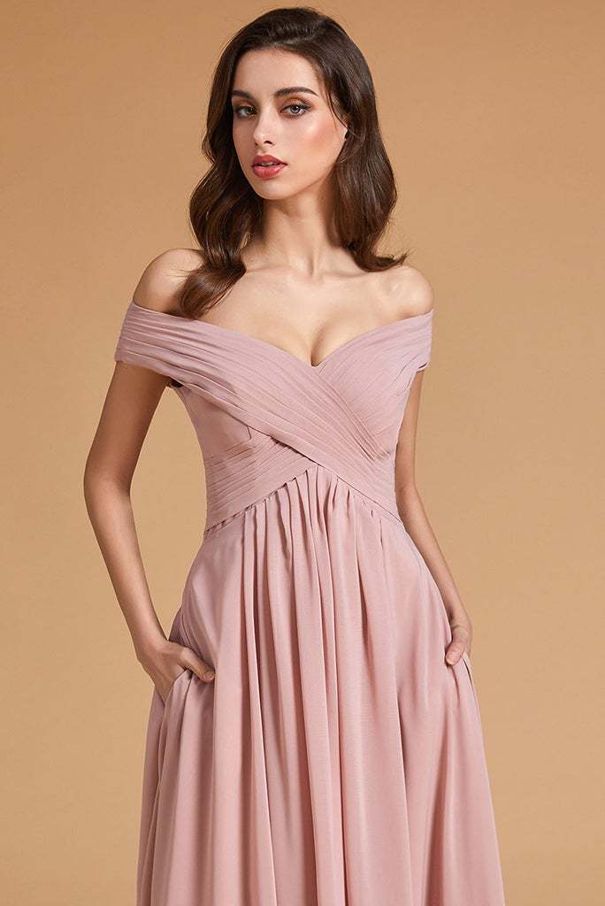 Dusty Rose Off-the-Shoulder Bridesmaid Dress Lace-Up