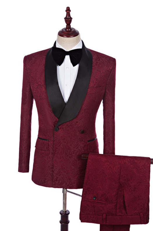 Romantic Best-Fitted Burgundy Jacquard Double-Breasted Wedding Tuxedo