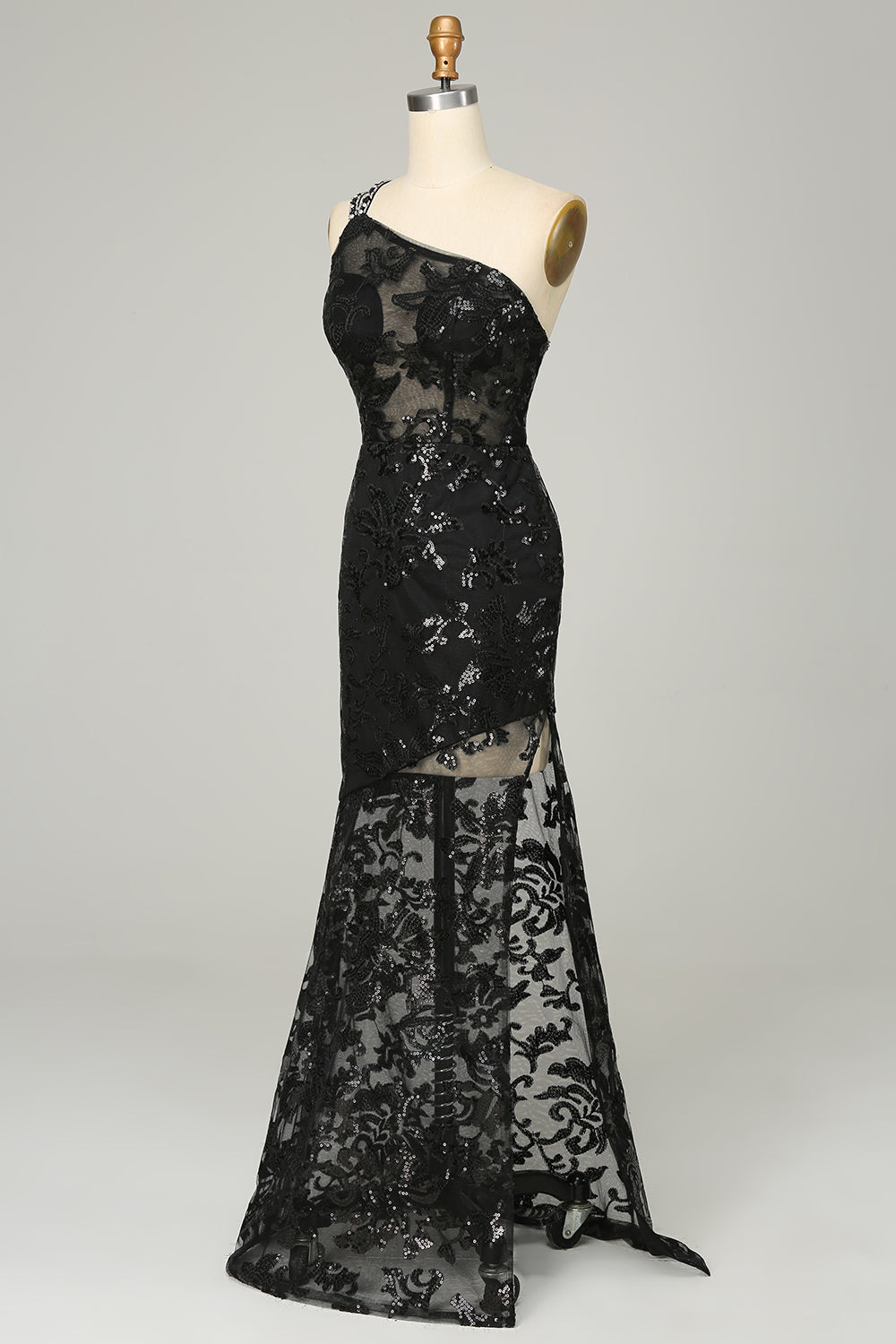 One Shoulder Lace Sheath Prom Gown