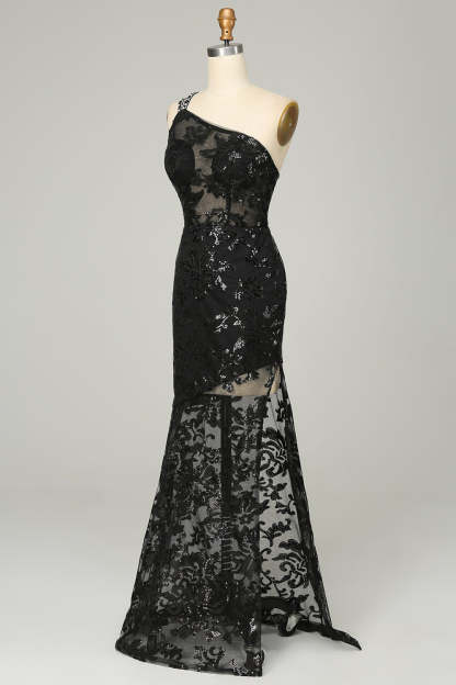 One Shoulder Lace Sheath Prom Gown