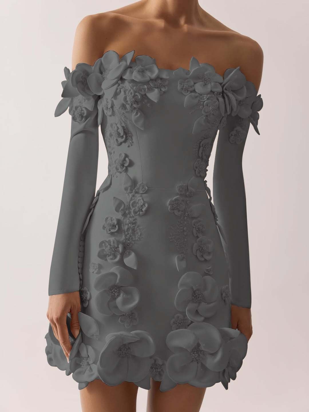 Off the Shoulder Long Sleeves Short Formal Dress With Appliques
