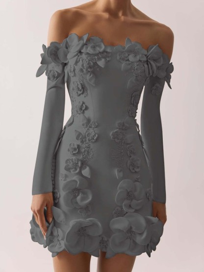 Off the Shoulder Long Sleeves Short Formal Dress With Appliques