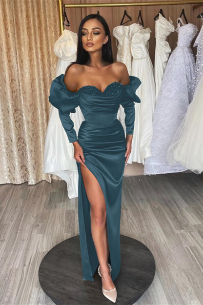 Dark Green Sweetheart Slit Long Mermaid Evening Dress With Long Sleeves Sequins