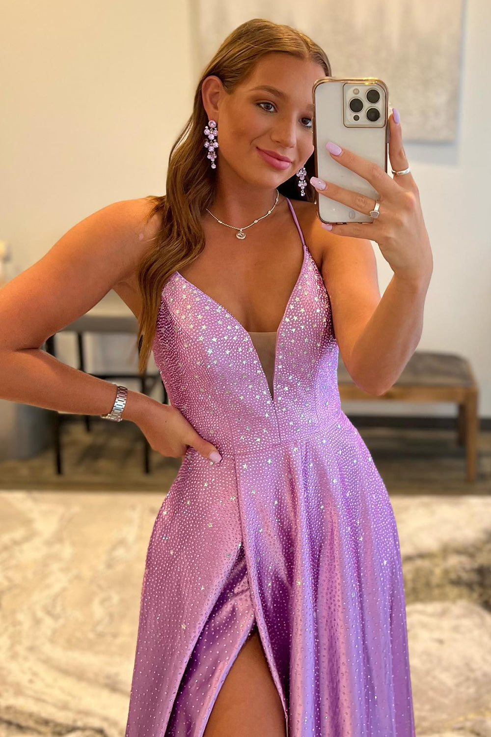Deep V Neck Purple Beaded Long Prom Dress in A-Line