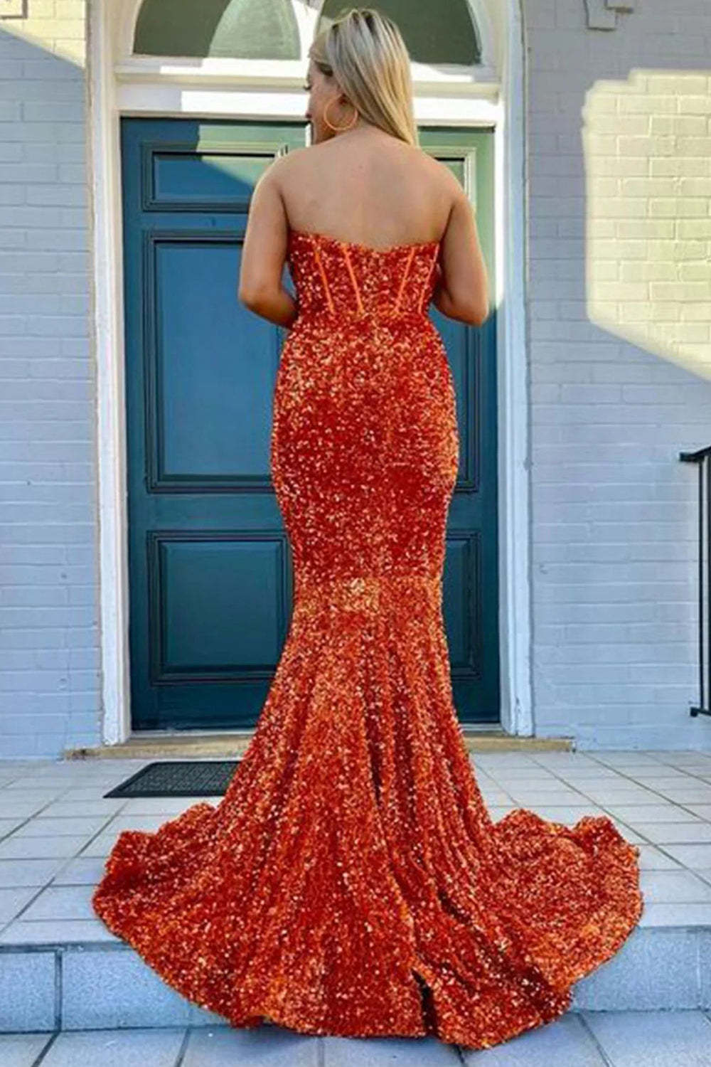 Blue Sequins Sweetheart Sheath Prom Dress with Front Split and Floor-Length