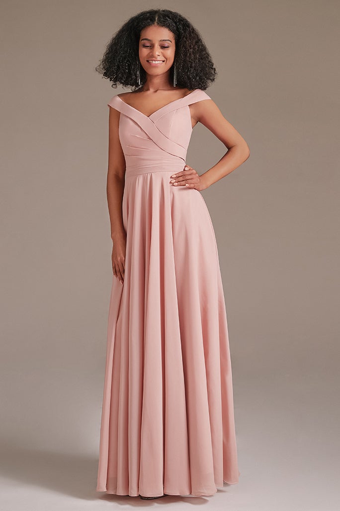 Off-the-Shoulder Pink Bridesmaid Dress with Pockets