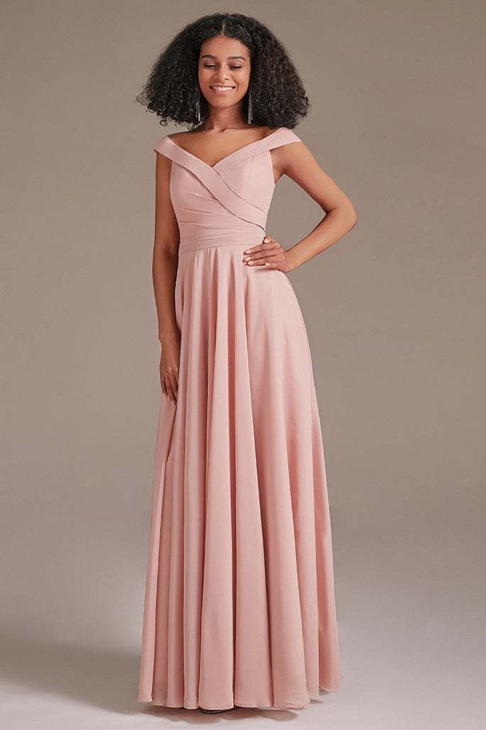 Off-the-Shoulder Pink Bridesmaid Dress with Pockets