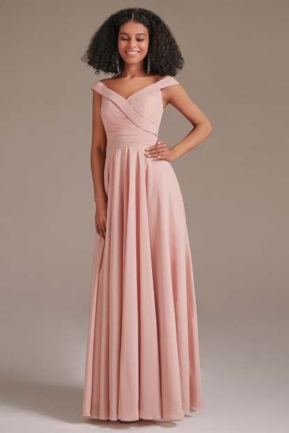 Off-the-Shoulder Pink Bridesmaid Dress with Pockets
